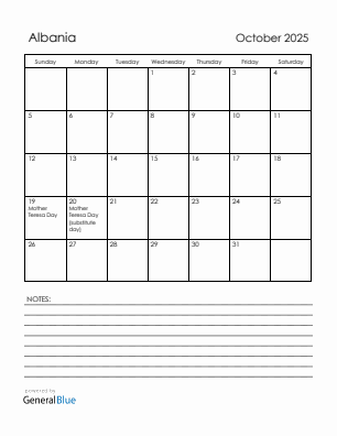 Current month calendar with Albania holidays for October 2025