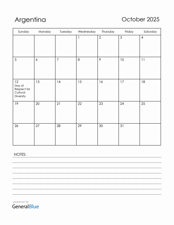 October 2025 Argentina Calendar with Holidays (Sunday Start)