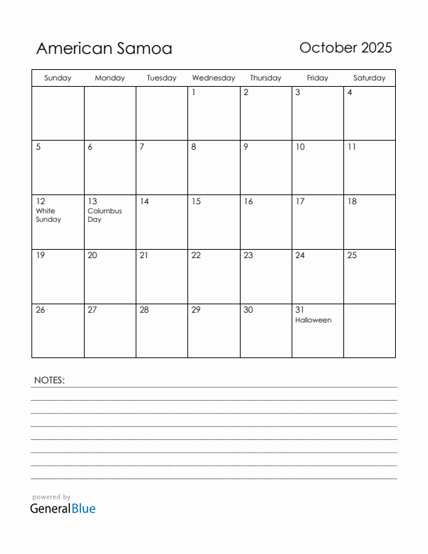 October 2025 American Samoa Calendar with Holidays (Sunday Start)