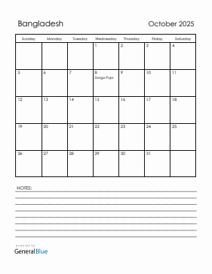 Current month calendar with Bangladesh holidays for October 2025