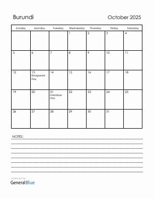 Current month calendar with Burundi holidays for October 2025
