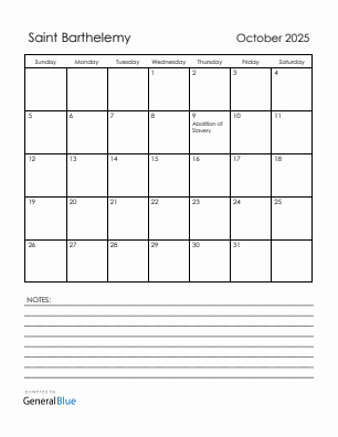 Current month calendar with Saint Barthelemy holidays for October 2025