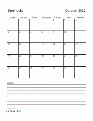 Current month calendar with Bermuda holidays for October 2025