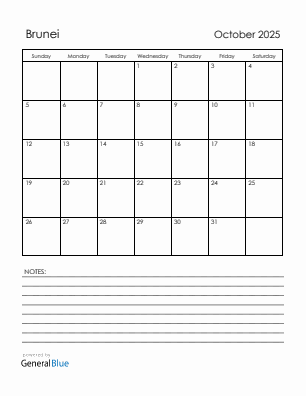 Current month calendar with Brunei holidays for October 2025