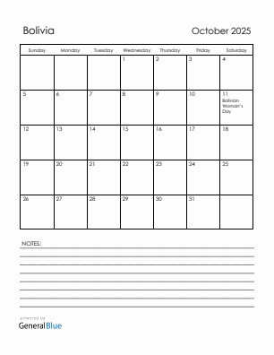 Current month calendar with Bolivia holidays for October 2025