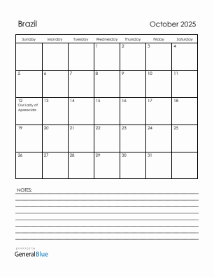 Current month calendar with Brazil holidays for October 2025
