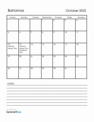 Current month calendar with Bahamas holidays for October 2025