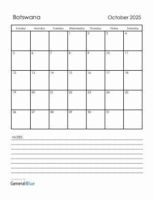 Current month calendar with Botswana holidays for October 2025