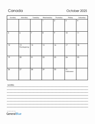 Current month calendar with Canada holidays for October 2025