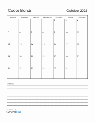 Current month calendar with Cocos Islands holidays for October 2025