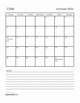 Current month calendar with Chile holidays for October 2025