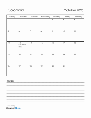 Current month calendar with Colombia holidays for October 2025