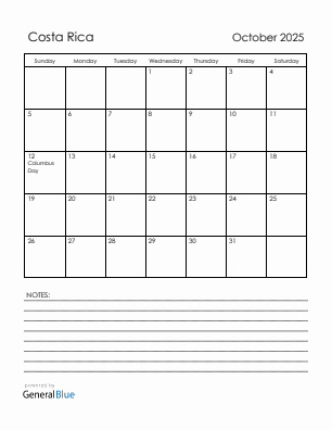 Current month calendar with Costa Rica holidays for October 2025