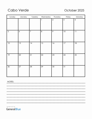 Current month calendar with Cabo Verde holidays for October 2025