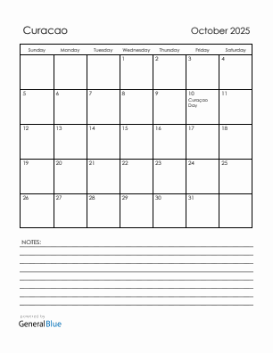 Current month calendar with Curacao holidays for October 2025