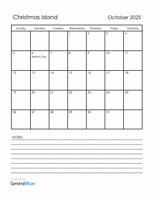 Current month calendar with Christmas Island holidays for October 2025