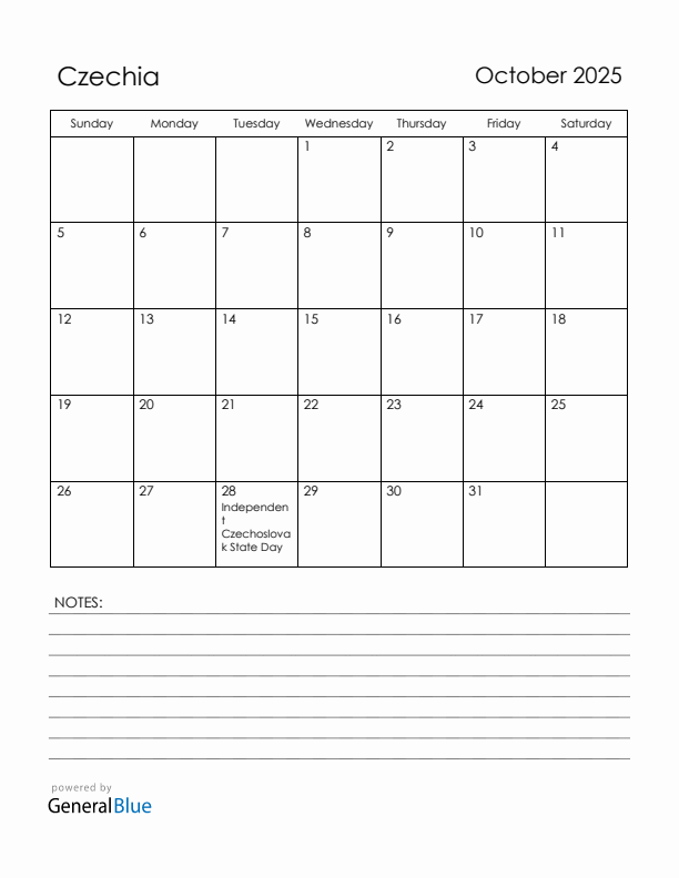 October 2025 Czechia Calendar with Holidays (Sunday Start)