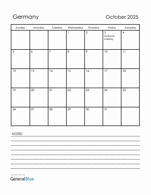 Current month calendar with Germany holidays for October 2025