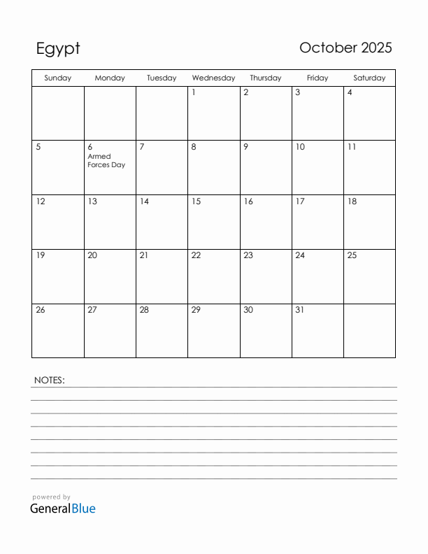 October 2025 Egypt Calendar with Holidays (Sunday Start)