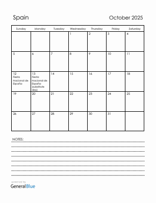 Current month calendar with Spain holidays for October 2025