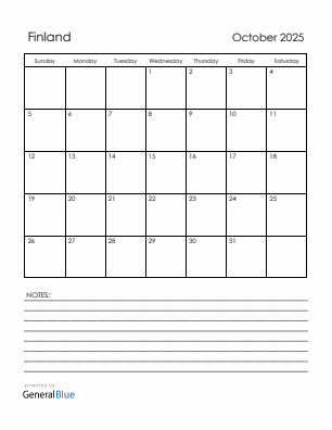 Current month calendar with Finland holidays for October 2025