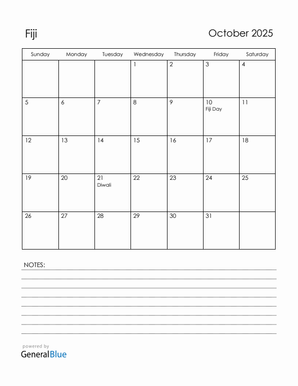 October 2025 Fiji Calendar with Holidays (Sunday Start)