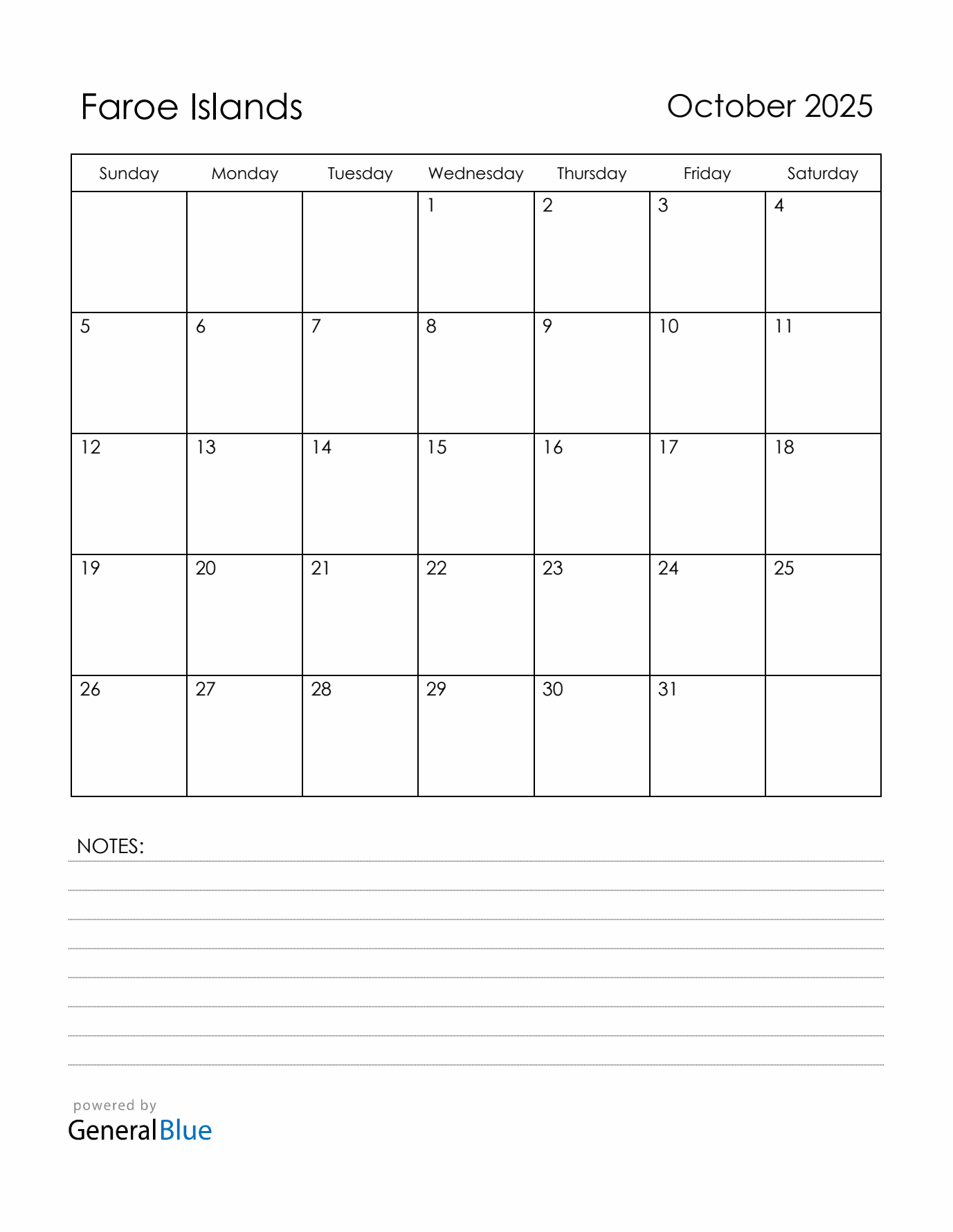 October 2025 Faroe Islands Calendar with Holidays (Sunday Start)