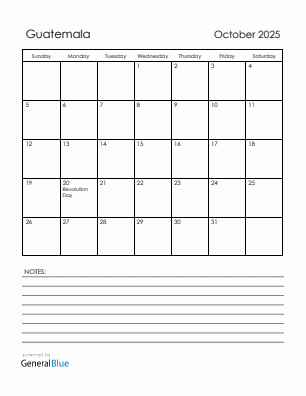 Current month calendar with Guatemala holidays for October 2025