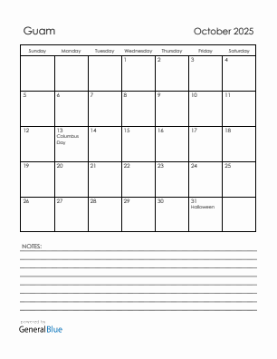 Current month calendar with Guam holidays for October 2025