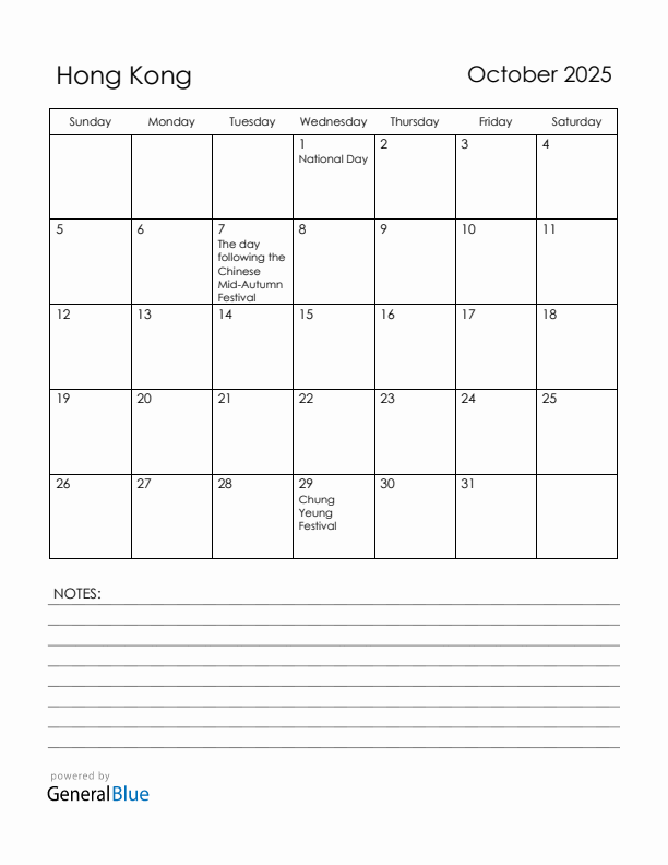 October 2025 Hong Kong Calendar with Holidays (Sunday Start)