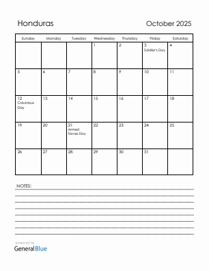 Current month calendar with Honduras holidays for October 2025