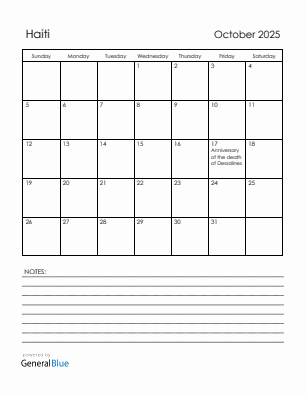 Current month calendar with Haiti holidays for October 2025