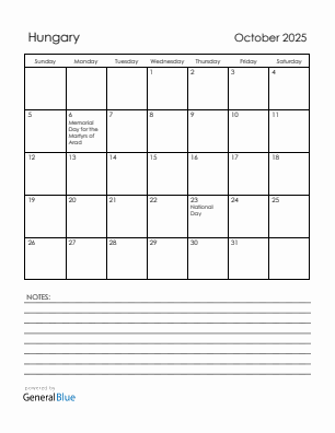 Current month calendar with Hungary holidays for October 2025
