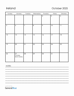 Current month calendar with Ireland holidays for October 2025