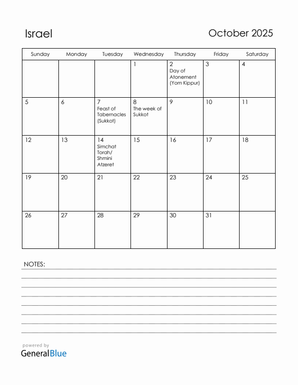 October 2025 Israel Calendar with Holidays (Sunday Start)