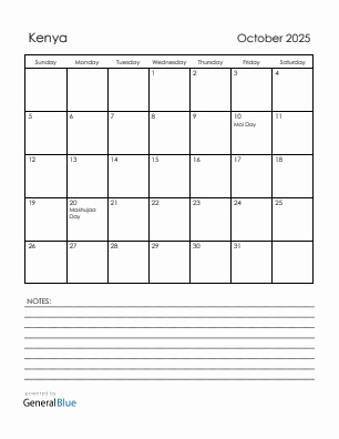 Current month calendar with Kenya holidays for October 2025