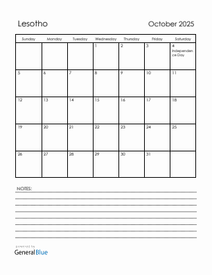 Current month calendar with Lesotho holidays for October 2025