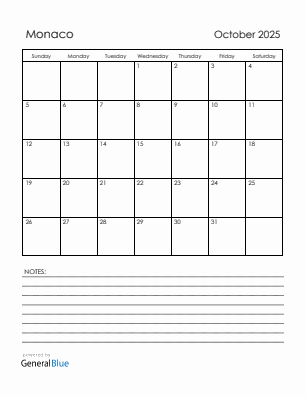 Current month calendar with Monaco holidays for October 2025