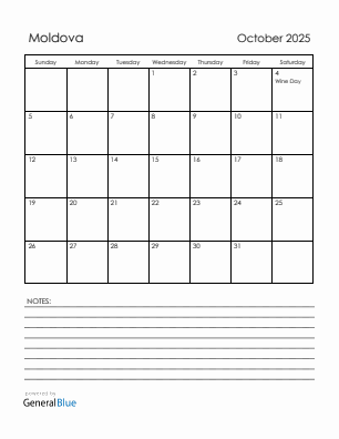 Current month calendar with Moldova holidays for October 2025