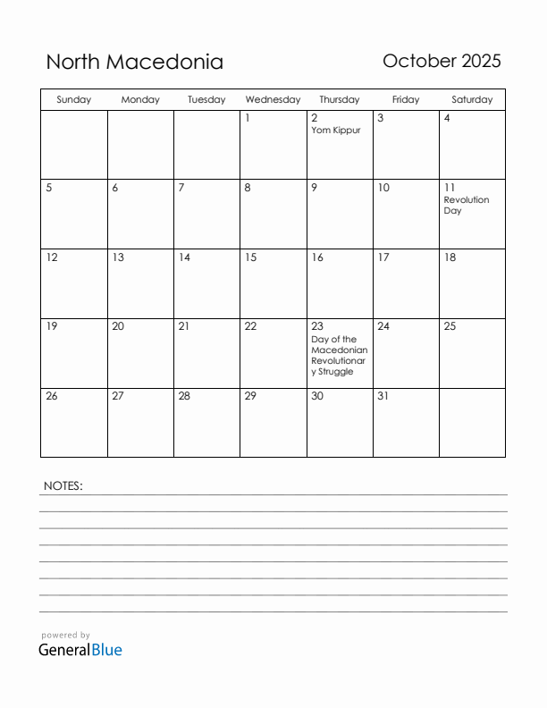 October 2025 North Macedonia Calendar with Holidays (Sunday Start)