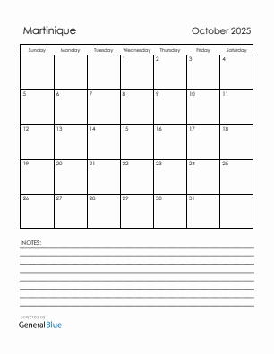 Current month calendar with Martinique holidays for October 2025