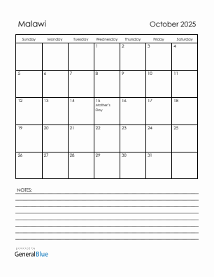 Current month calendar with Malawi holidays for October 2025