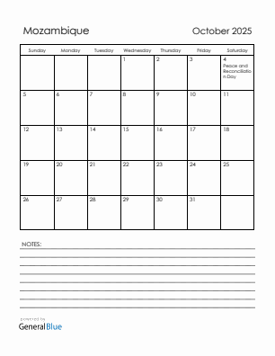 Current month calendar with Mozambique holidays for October 2025
