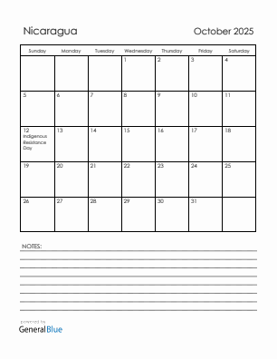 Current month calendar with Nicaragua holidays for October 2025