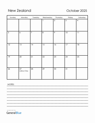 Current month calendar with New Zealand holidays for October 2025