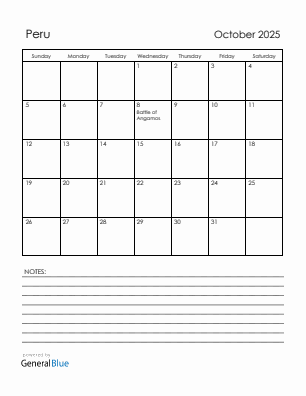 Current month calendar with Peru holidays for October 2025