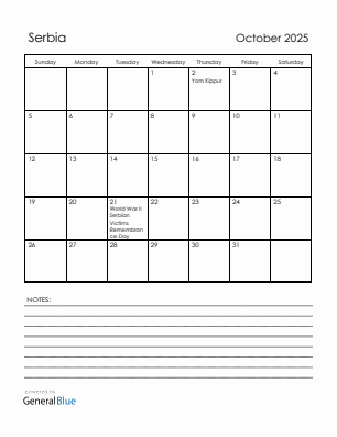 Current month calendar with Serbia holidays for October 2025