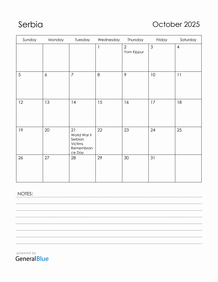 October 2025 Serbia Calendar with Holidays