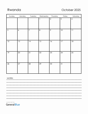 Current month calendar with Rwanda holidays for October 2025
