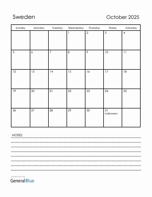 Current month calendar with Sweden holidays for October 2025